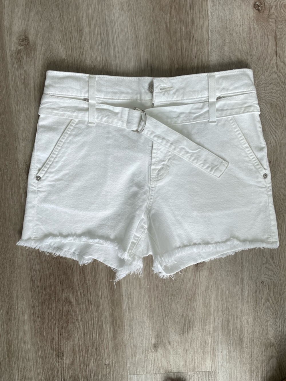 7 For All Mankind White Frayed Hem Belted Denim Shorts